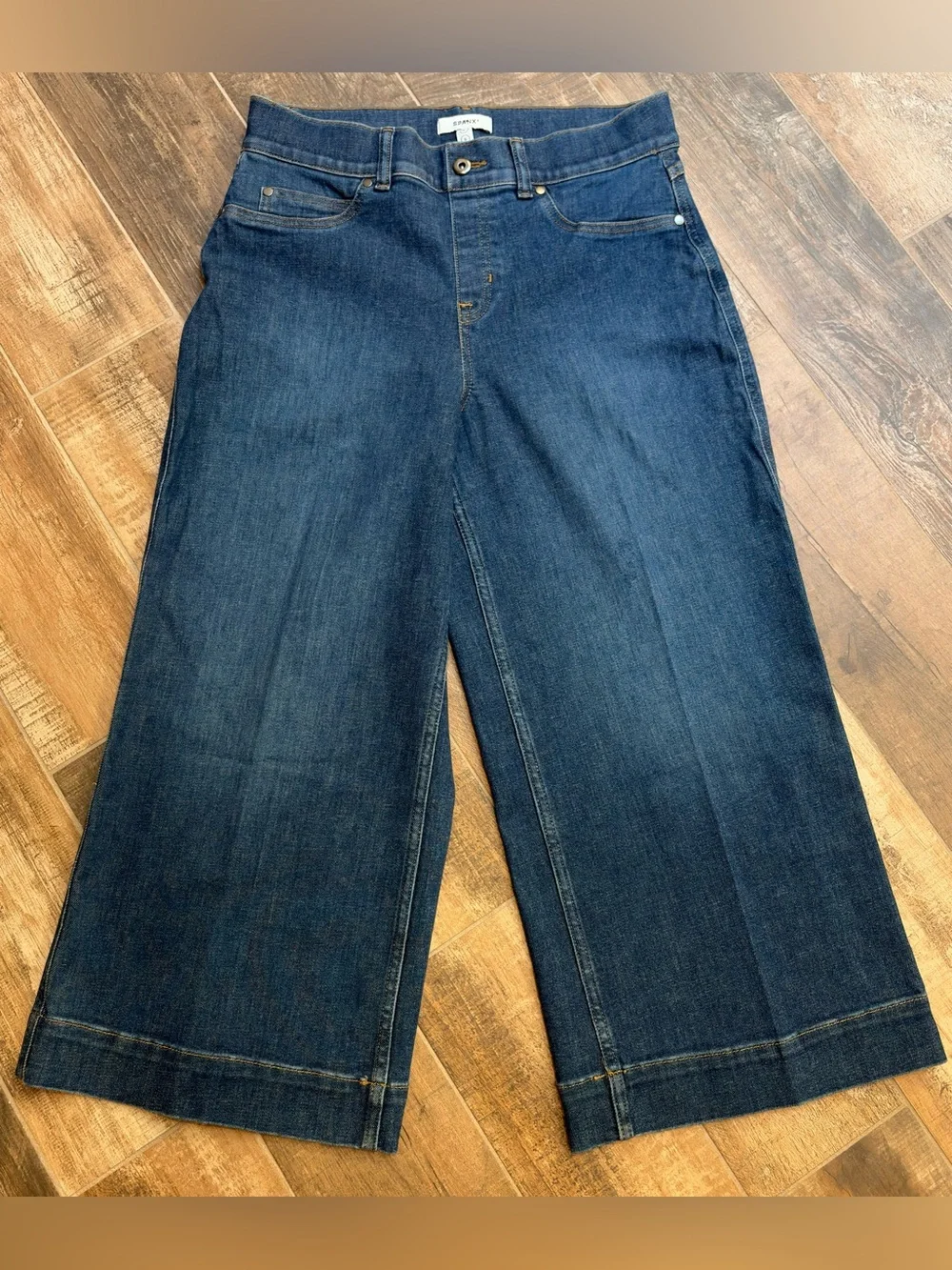 SPANX Dark Wash Cropped Wide Leg Jeans Culottes Size L - Picture 2 of 10